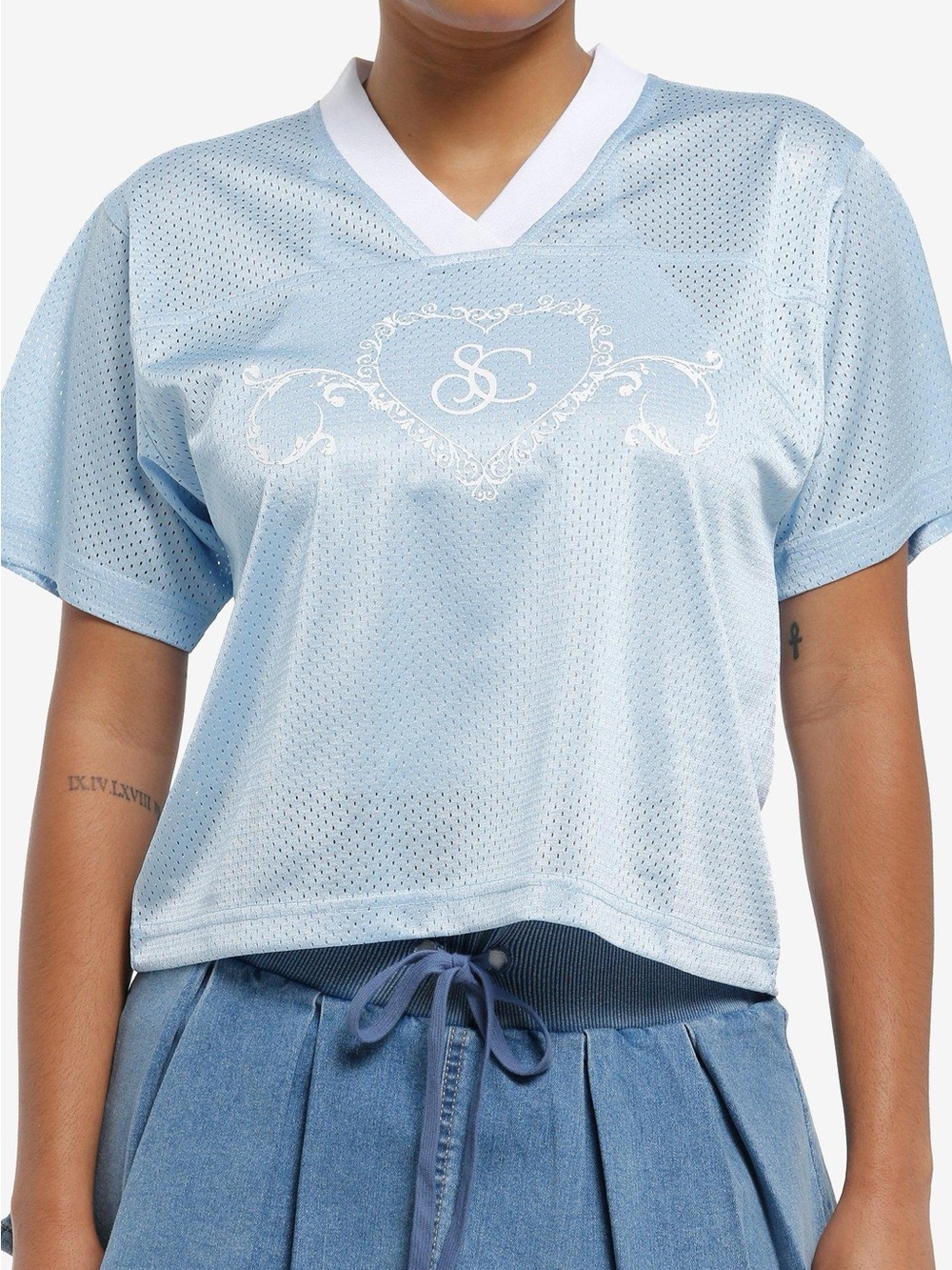 Sabrina Carpenter light blue mesh jersey girls L large Hot Topic short sleeve t